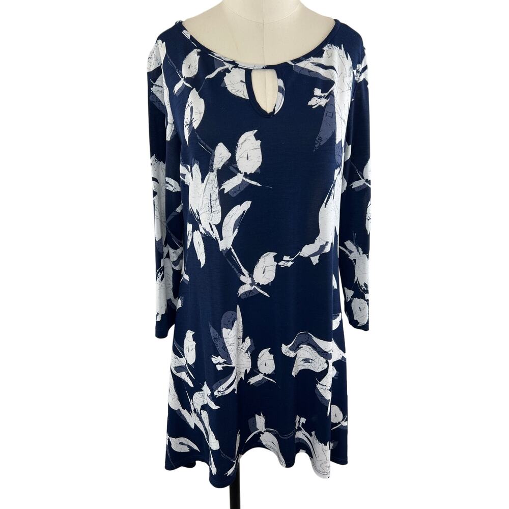 Clara Sun Woo Navy Blue White Floral 3/4 Sleeve Stretch Jersey Knit Tunic Small